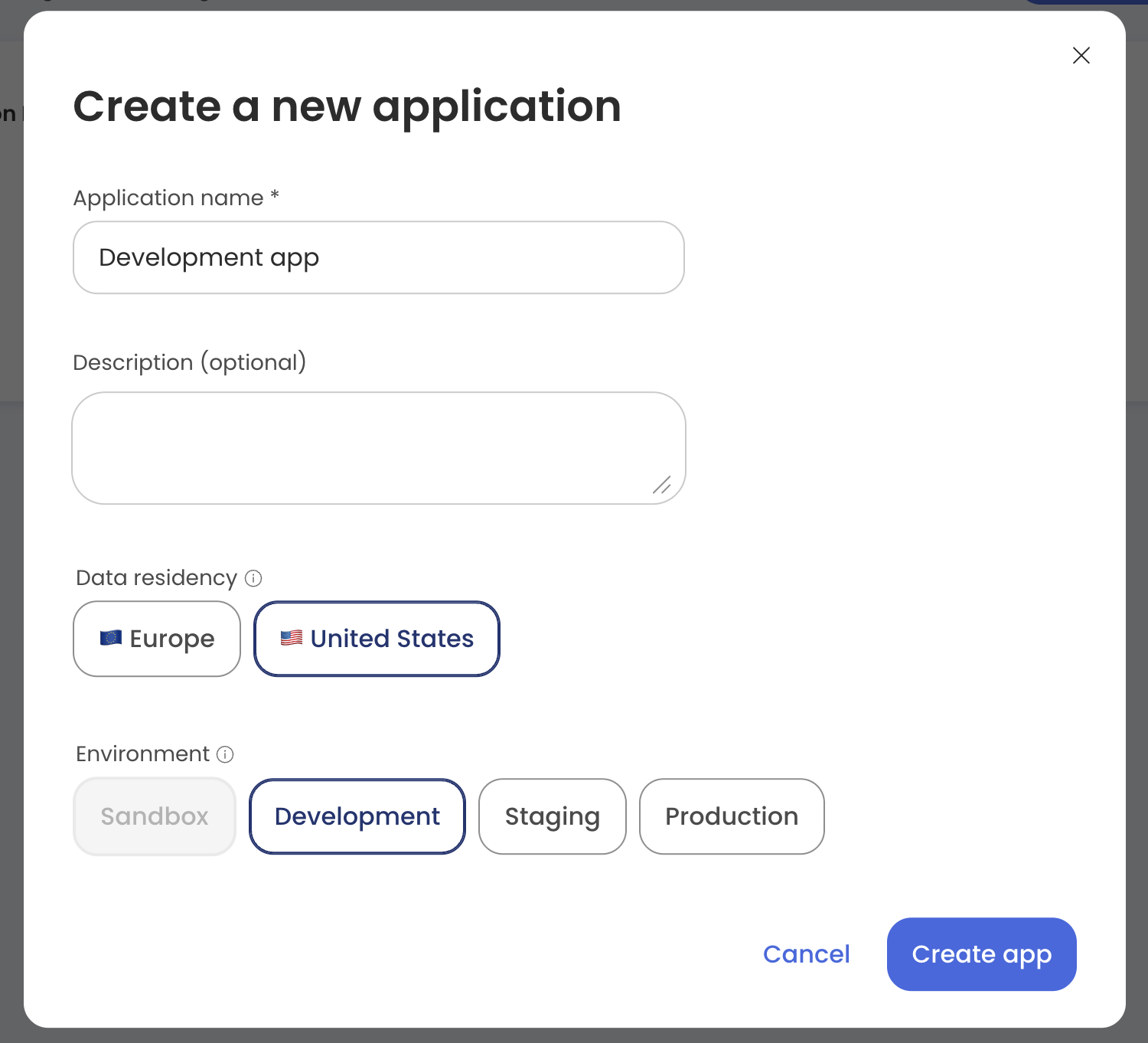 The Nylas Dashboard displaying the Create A New Application dialog. The Name field is filled in, the U.S. data center is selected, and the Development environment is selected.