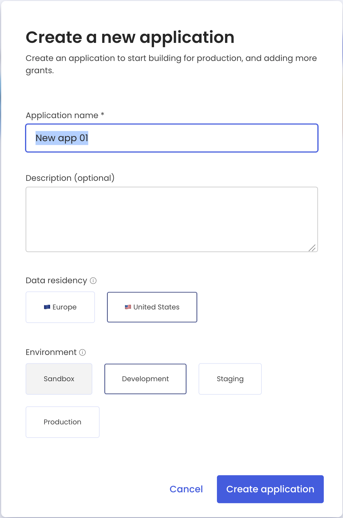 The Nylas Dashboard displaying the Create A New Application dialog. The Name field is filled in, the U.S. data center is selected, and the Development environment is selected.