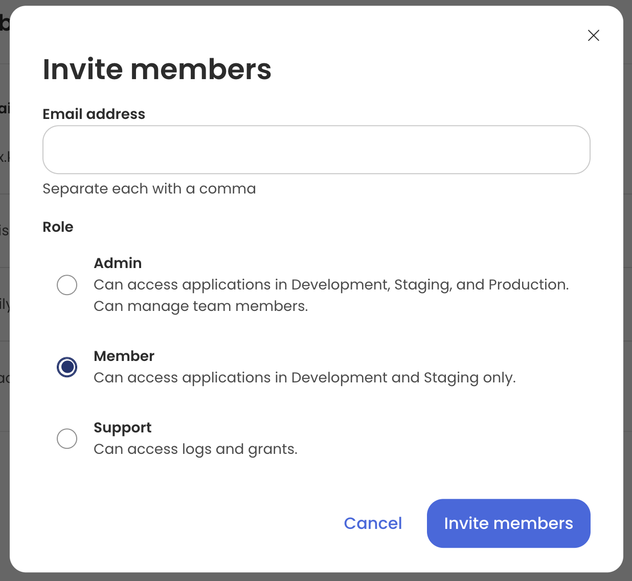 The Nylas Dashboard displaying the Invite Members dialog.