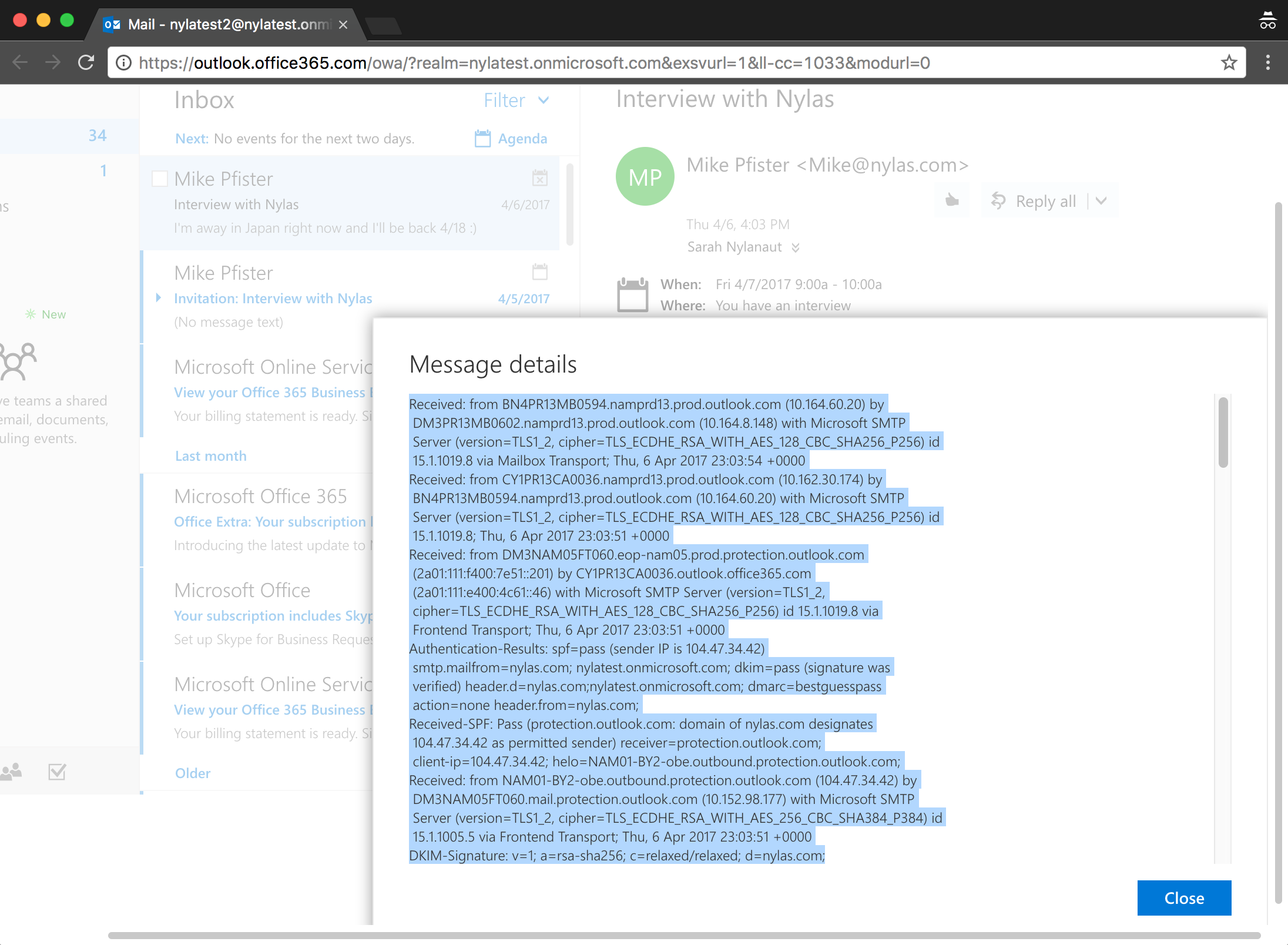 The Microsoft Outlook interface. A message is open, and the "Message details" pane is displayed. The text inside the pane is highlighted.